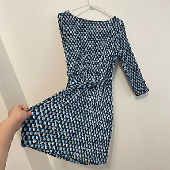 ANN TAYLOR Geo Print Side Tie Jersey Dress Blue Gray 3/4 Sleeve Office S ALTERED - Picture 11 of 13